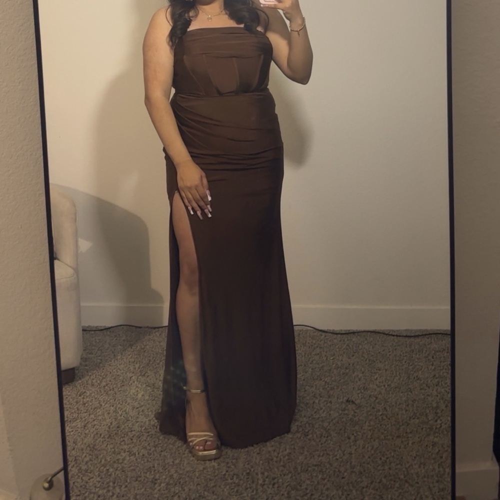 Strapless Brown Evening Gown with Side Slit